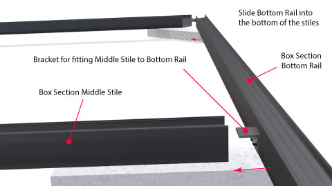 Close up of a vertical support showing it fitted into the top rail and the bottom rail ready to fit