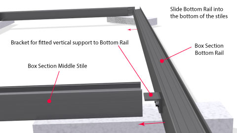 Close up of a vertical support showing it fitted into the top rail and the bottom rail ready to fit